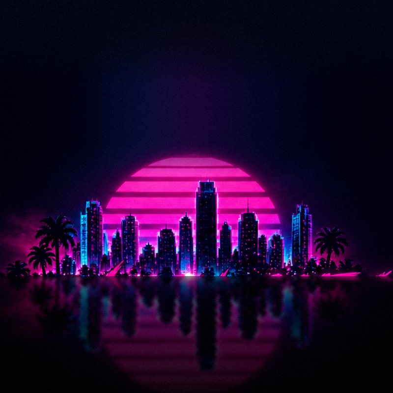 Striped magenta sun over a neon skyline